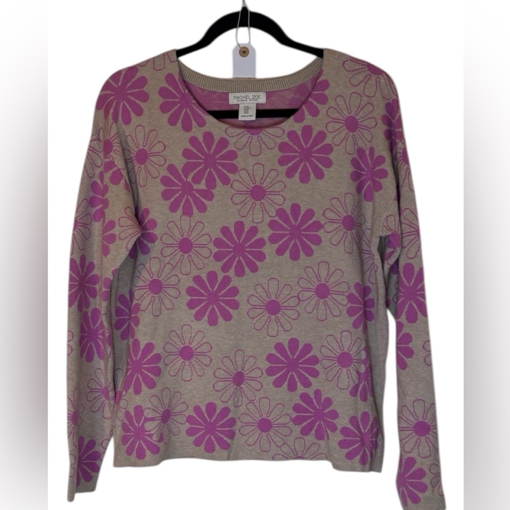 Rachel Zoe Taupe Sweater with Pinkish Purple Daisy Pattern